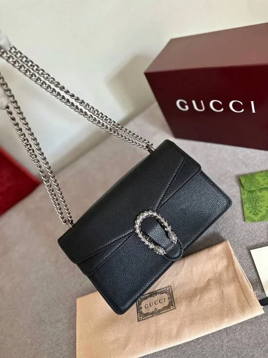 Black Dionysus Style Small Chain Bag Textured Leather Silver Hardware - Picture 4 of 9